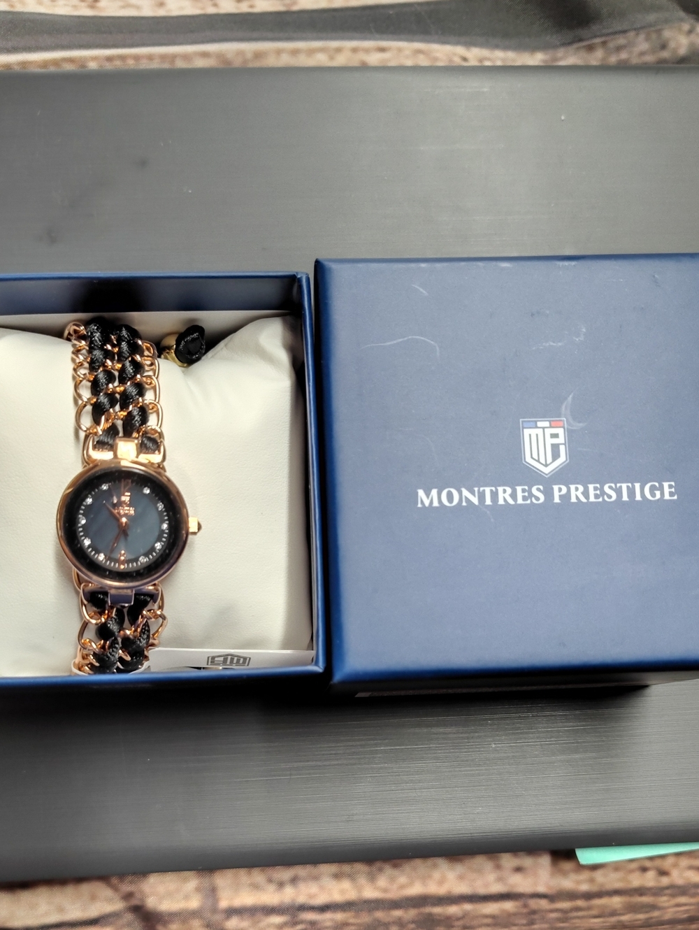 Women's Rose Gold and Black Chain-Link Watch